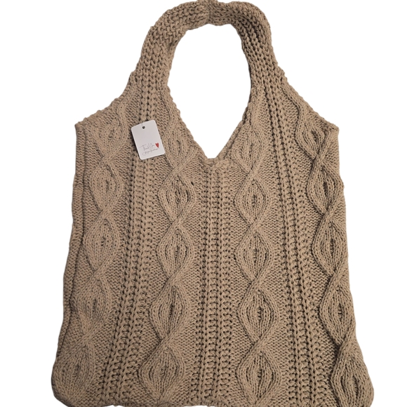 Handbags - Tan Knitted Tote Bag with Cable Pattern and Curved Handles